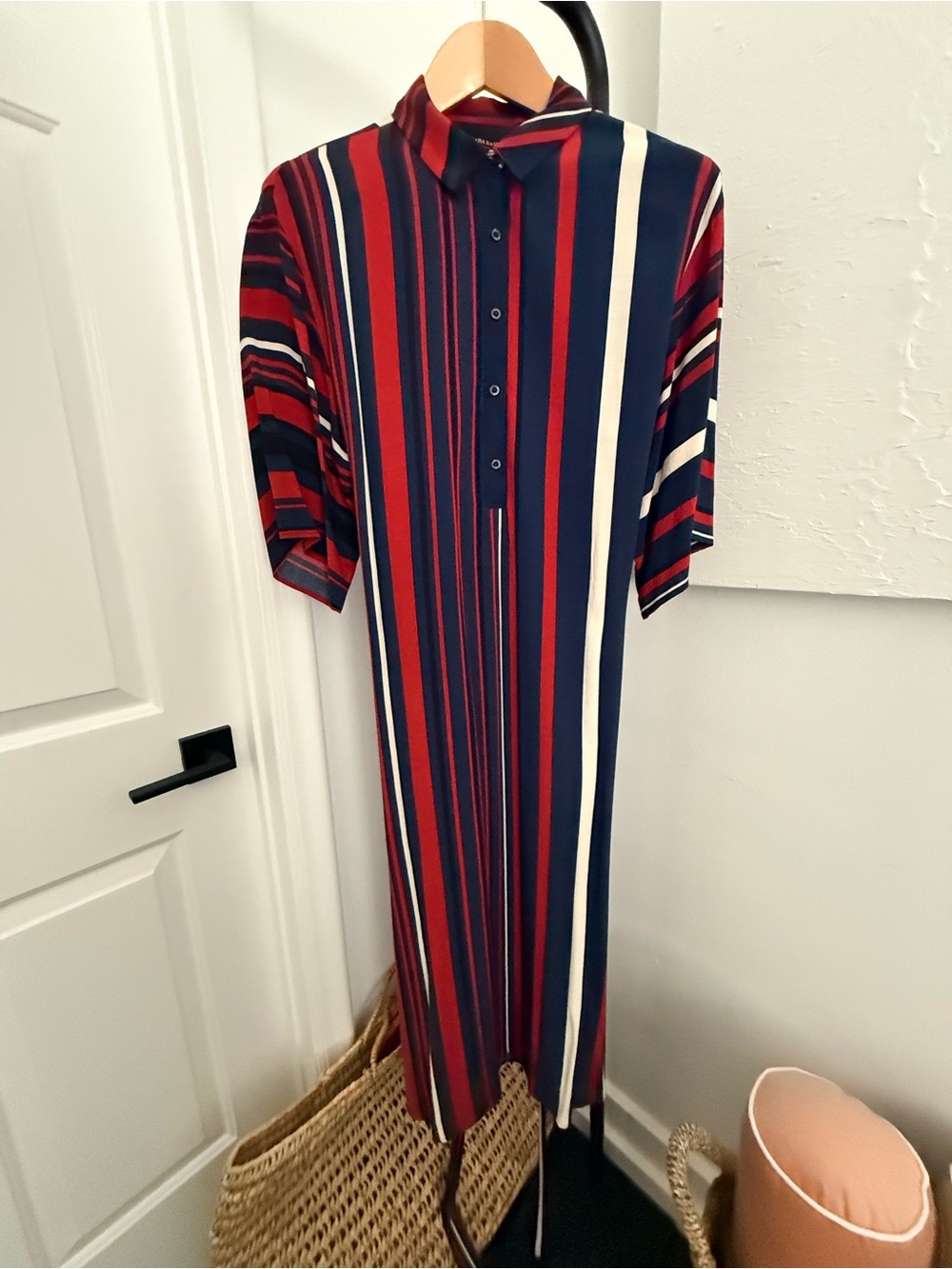 Zara Navy, Red and Cream Striped Midi Shirt Dress With Tie Waist